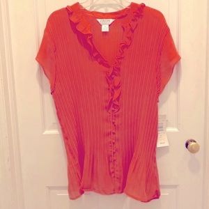 Allison Taylor 2/$10 2X Ruffle Chiffon V Neck Semi Sheer Hem/Cuffs Coral NWT